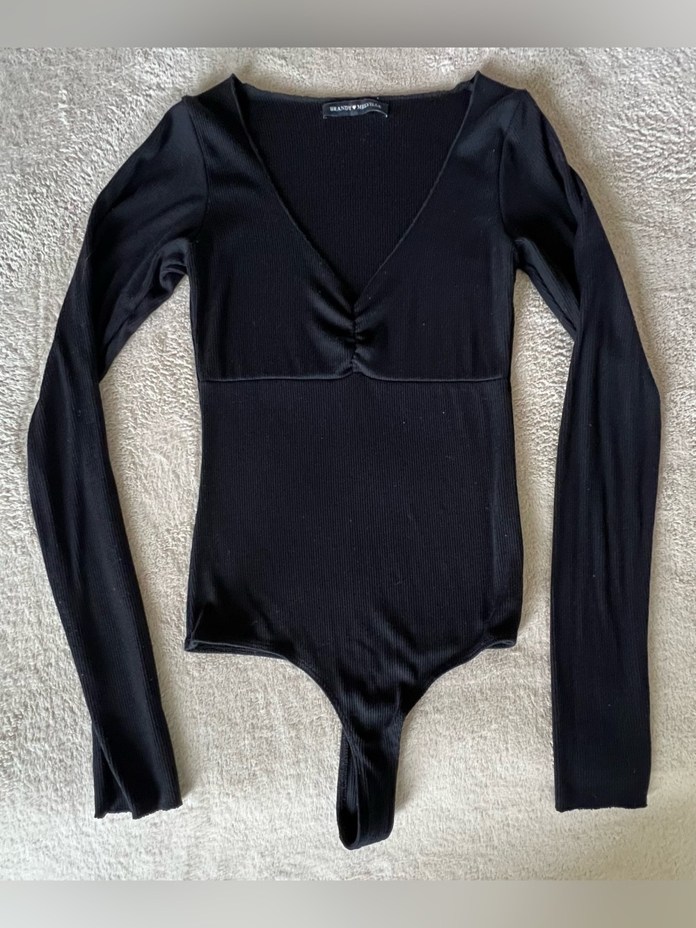 Brandy Melville Black Ribbed V-Neck Long-Sleeve Bodysuit